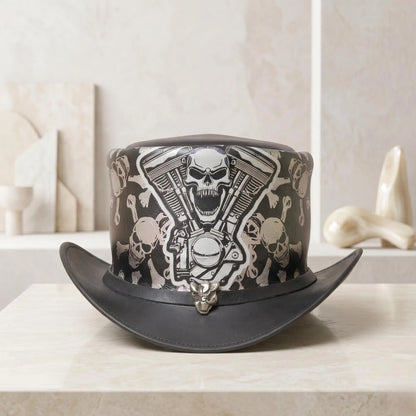 High-Octane Gothic Style Handcrafted Leather Skull & Engine Top Hat