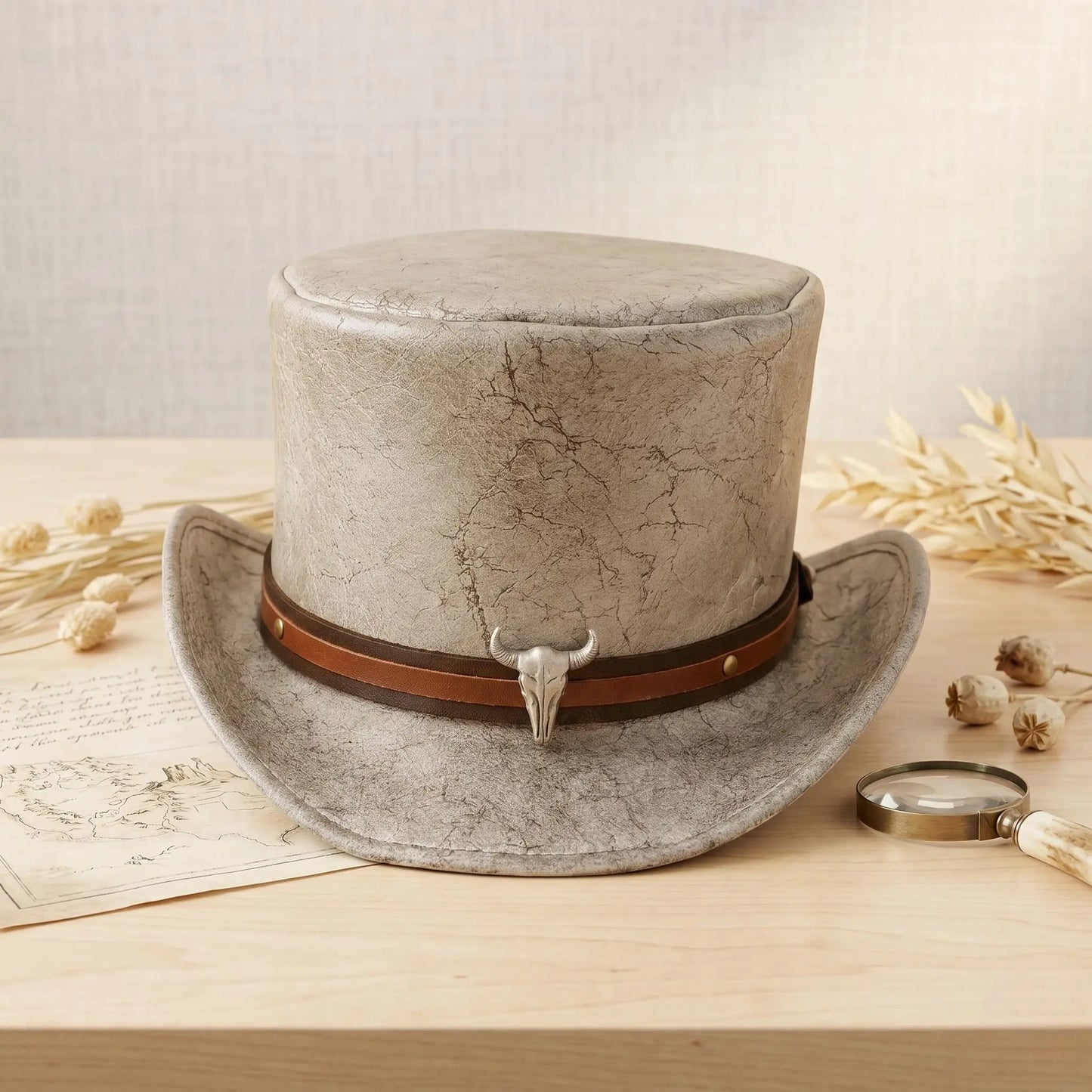 Genuine Cracked Leather Top Hat with Bull Skull Emblem – Steampunk Western Cosplay Accessory