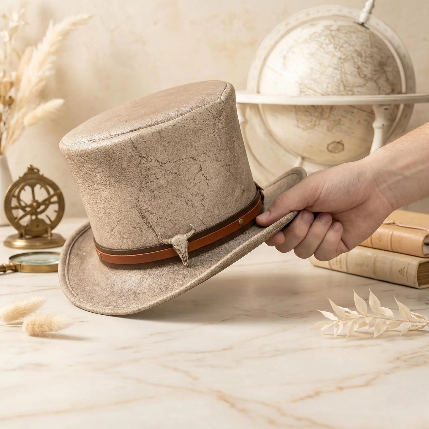 Genuine Cracked Leather Top Hat with Bull Skull Emblem – Steampunk Western Cosplay Accessory