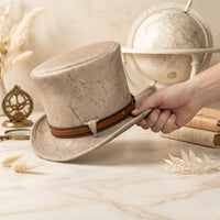 Genuine Cracked Leather Top Hat with Bull Skull Emblem – Steampunk Western Cosplay Accessory