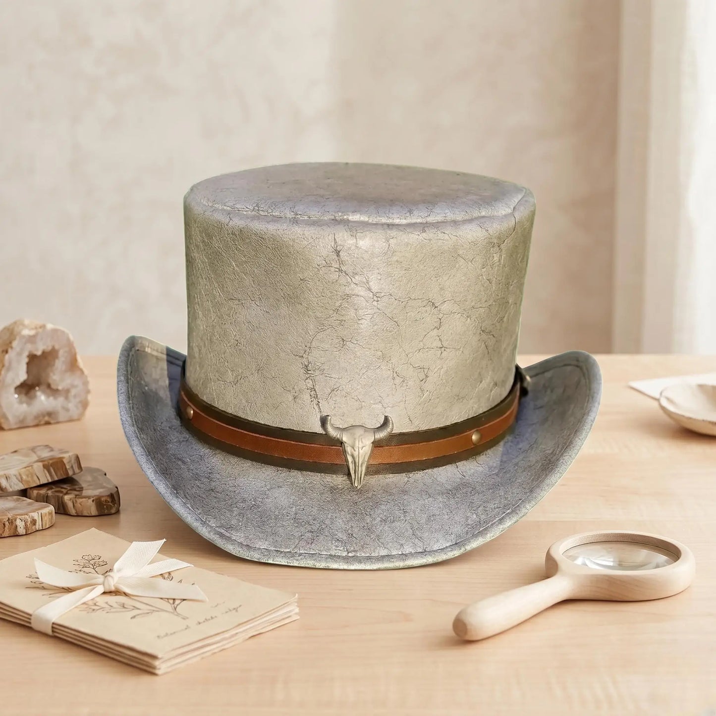 Genuine Cracked Leather Top Hat with Bull Skull Emblem – Steampunk Western Cosplay Accessory