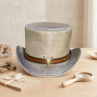 Genuine Cracked Leather Top Hat with Bull Skull Emblem – Steampunk Western Cosplay Accessory