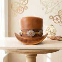 Brown Leather Top Hat: Western Concho Band, Steampunk Victorian Style