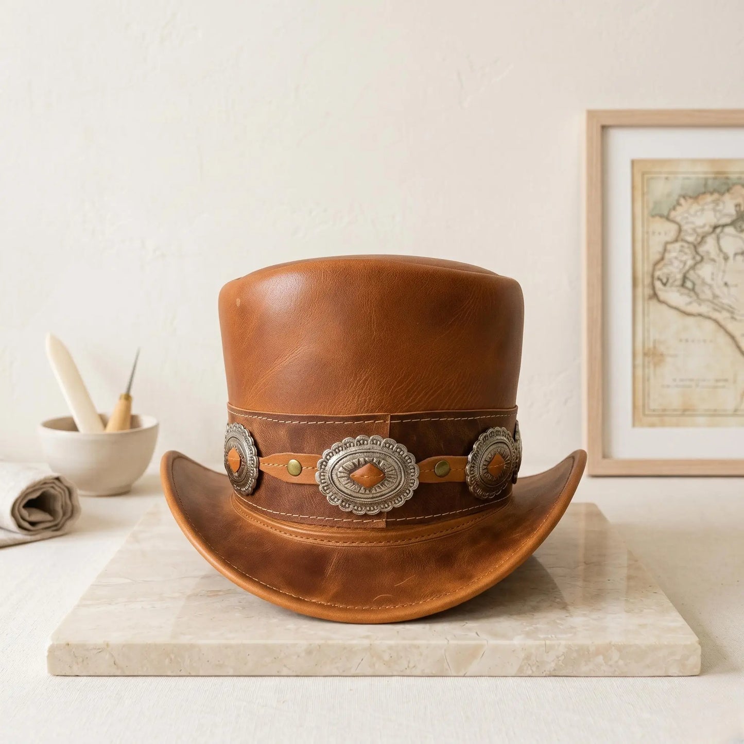 Brown Leather Top Hat: Western Concho Band, Steampunk Victorian Style