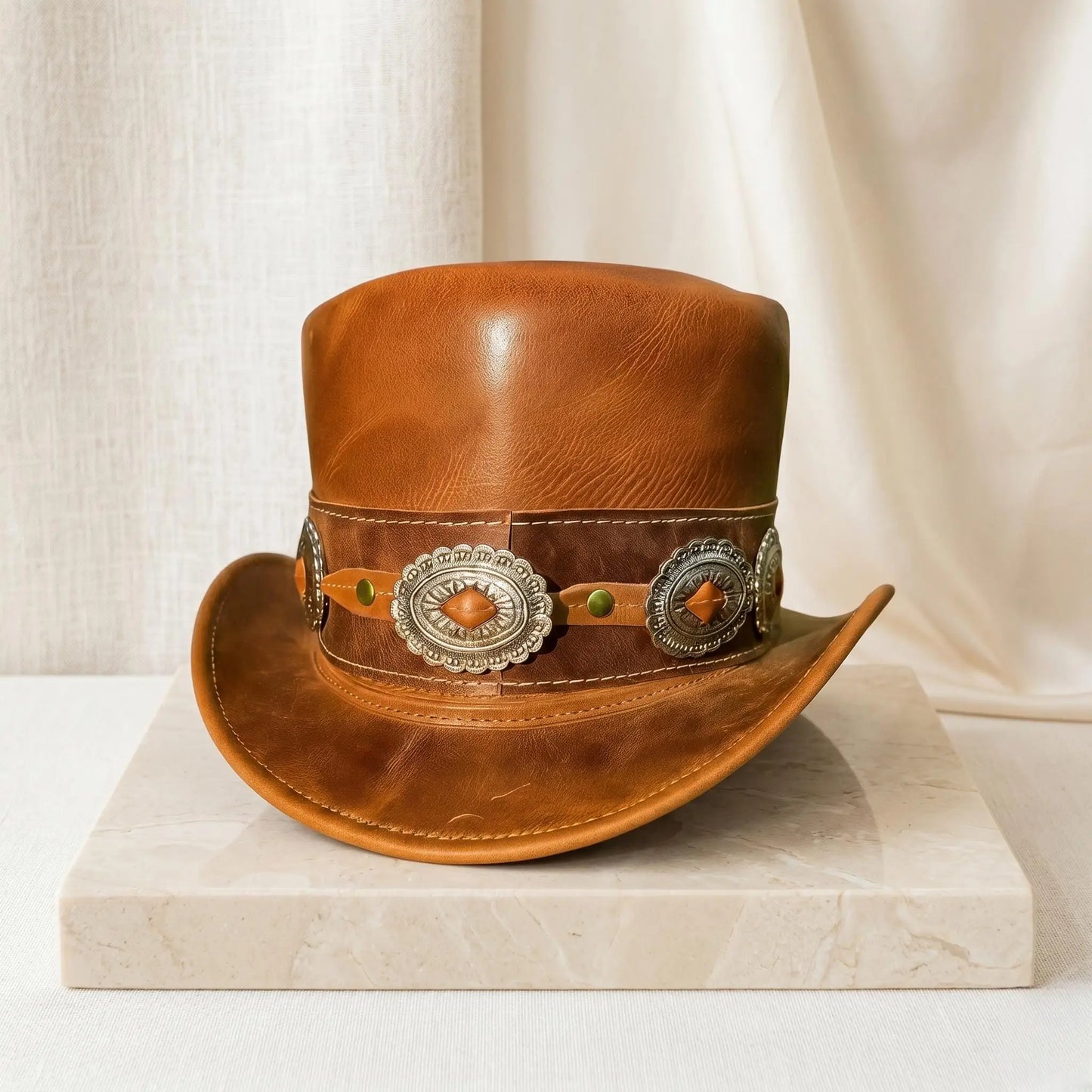 Brown Leather Top Hat: Western Concho Band, Steampunk Victorian Style