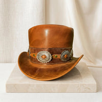 Brown Leather Top Hat: Western Concho Band, Steampunk Victorian Style