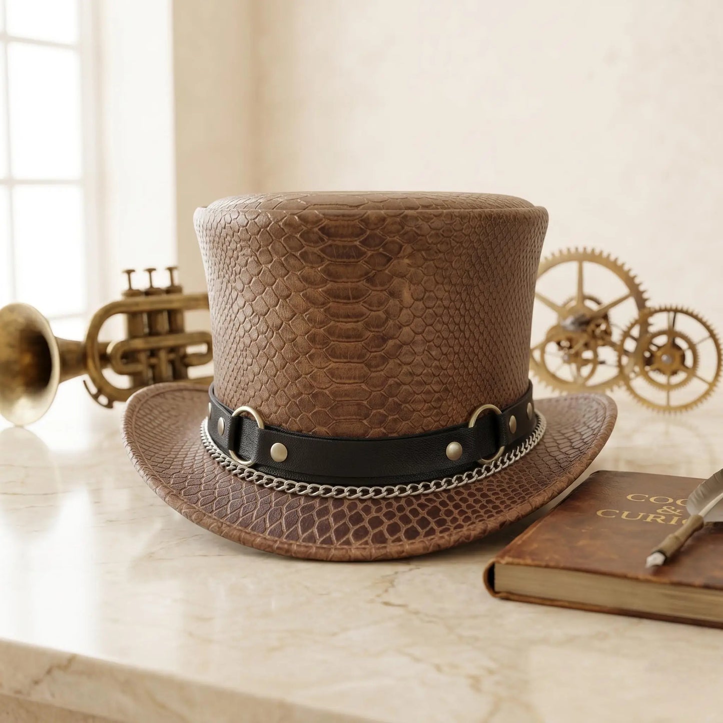 Handcrafted Men’s Brown Snakeskin Leather Steampunk Top Hat