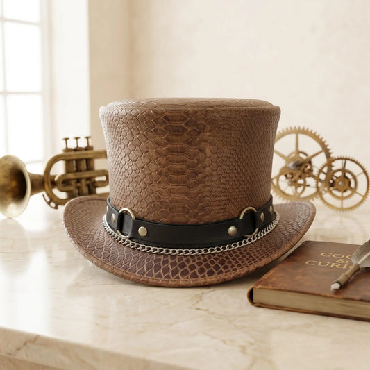 Handcrafted Men’s Brown Snakeskin Leather Steampunk Top Hat