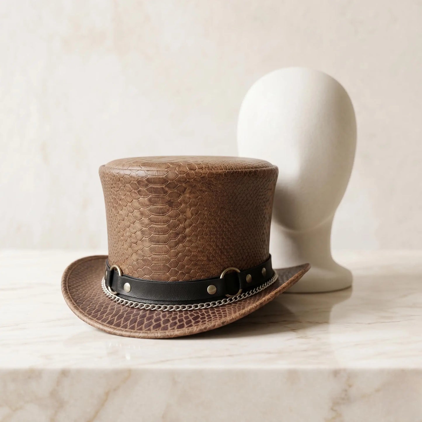 Handcrafted Men’s Brown Snakeskin Leather Steampunk Top Hat