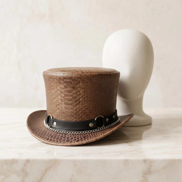 Handcrafted Men’s Brown Snakeskin Leather Steampunk Top Hat