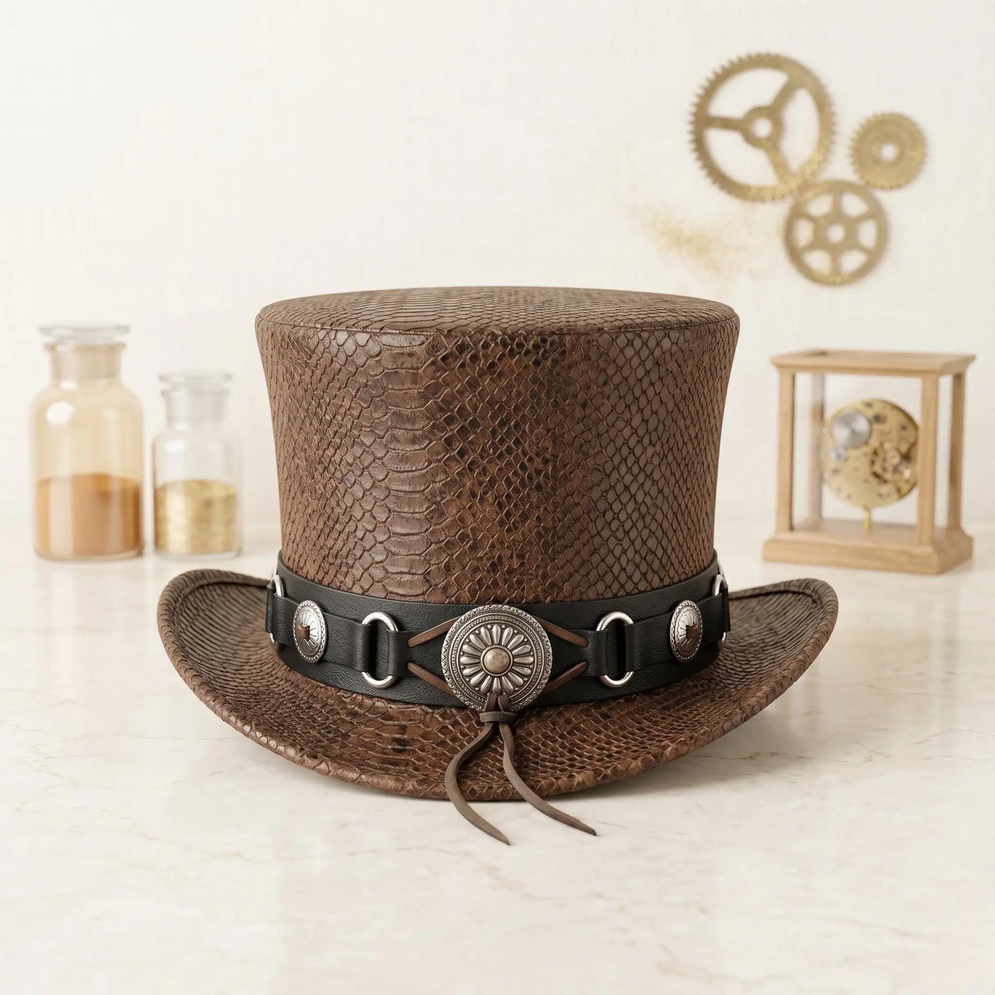 Handcrafted Men’s Brown Snakeskin Leather Steampunk Top Hat