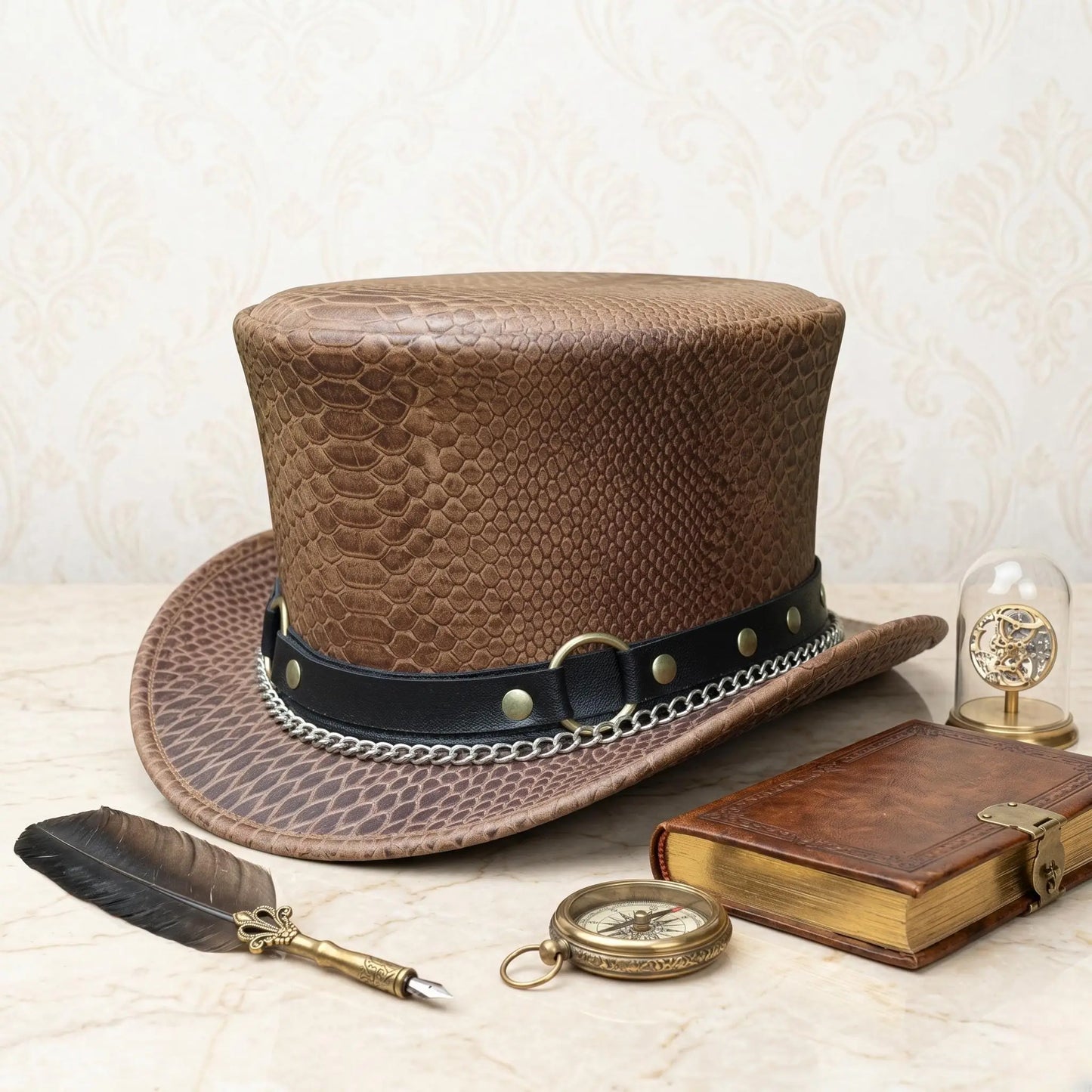 Handcrafted Men’s Brown Snakeskin Leather Steampunk Top Hat