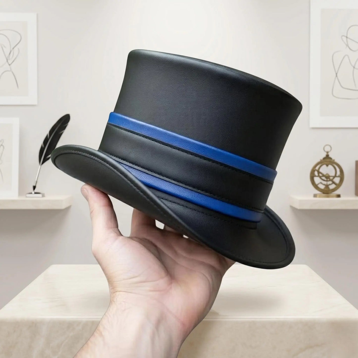 Handmade Black Leather Steampunk Top Hat with Blue Band – Gothic Cosplay & Festival Headwear