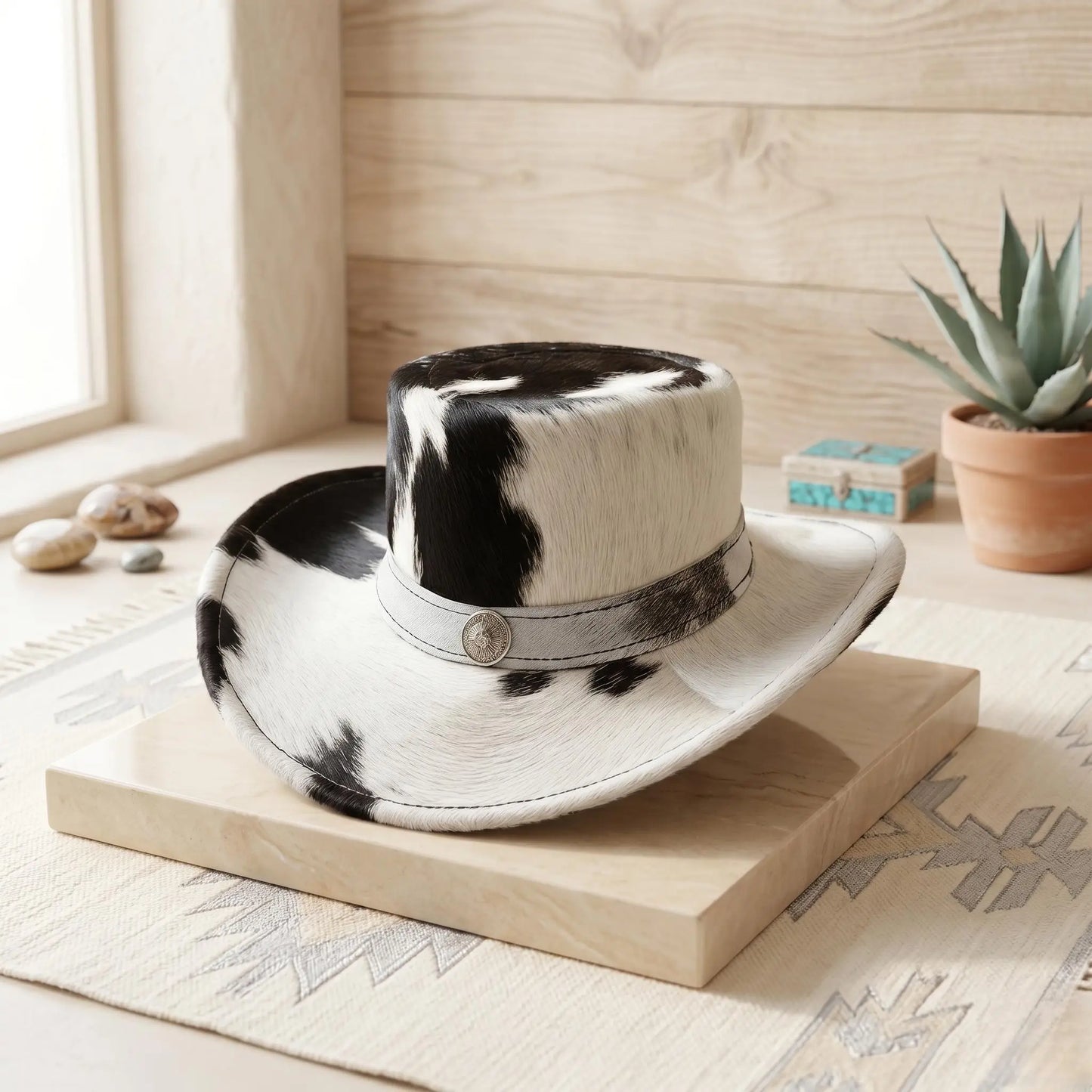 Black & White Cowhide Western Top Hat | Authentic Cow Print Cowboy Hat