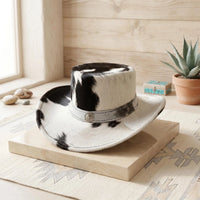 Black & White Cowhide Western Top Hat | Authentic Cow Print Cowboy Hat