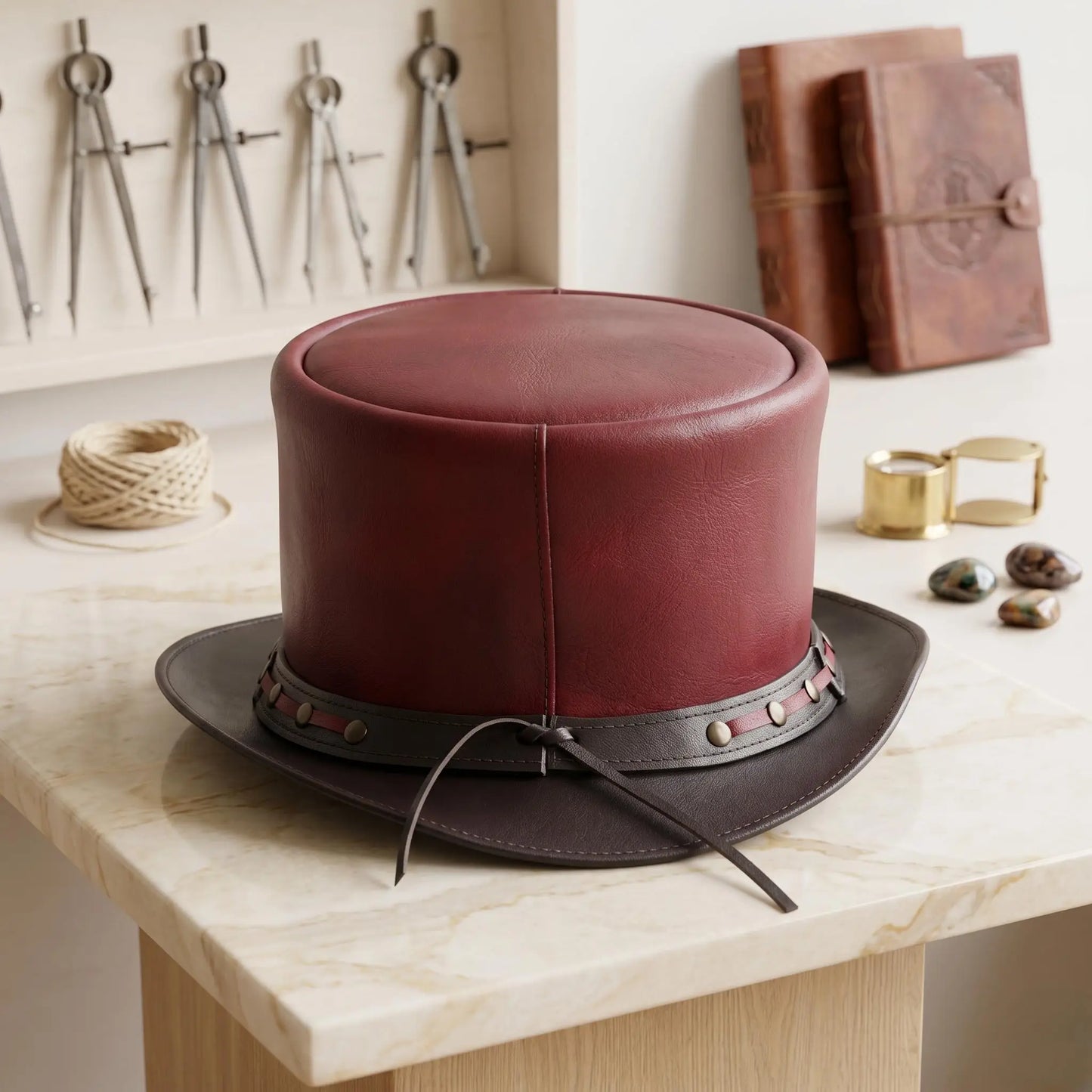 Handmade Red Leather Top Hat | Steampunk & Victorian Cosplay Hat