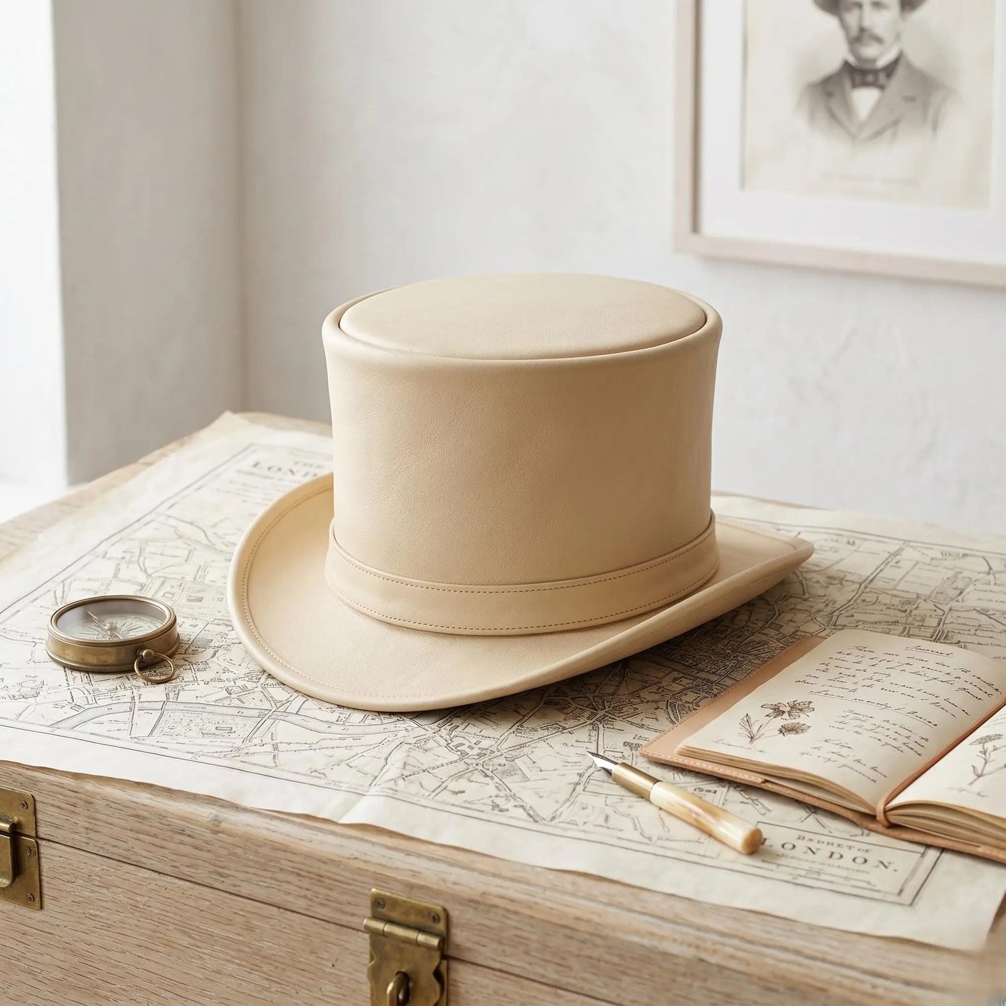 Handmade Beige Leather Top Hat – Victorian & Steampunk Elegance
