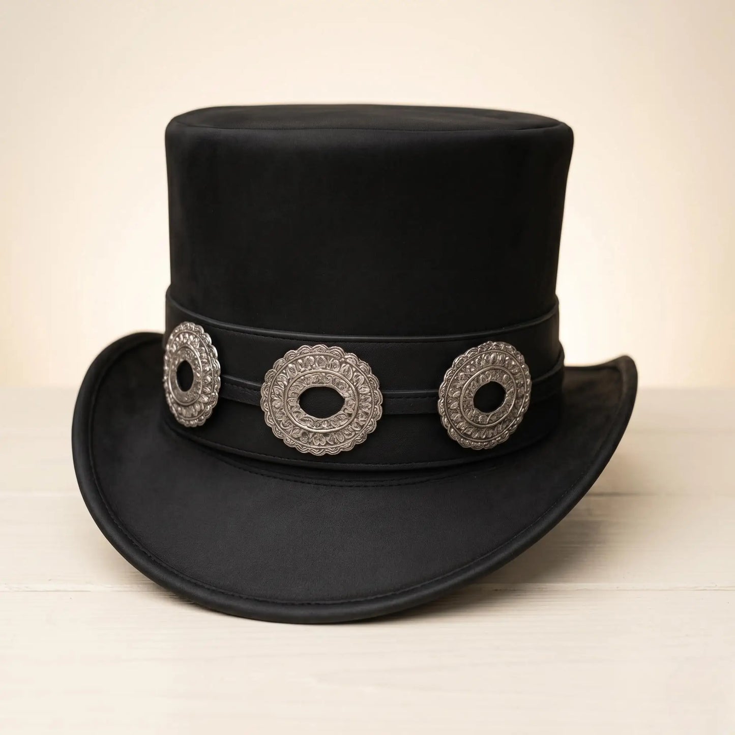 Artisan Black Leather Top Hat with Silver Conchos | Gothic & Steampunk Stage Wear