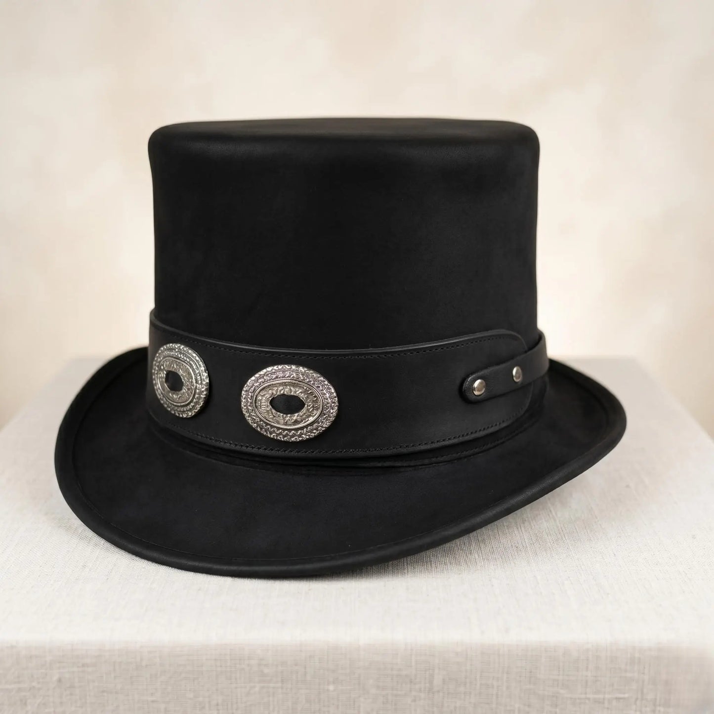 Artisan Black Leather Top Hat with Silver Conchos | Gothic & Steampunk Stage Wear