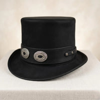Artisan Black Leather Top Hat with Silver Conchos | Gothic & Steampunk Stage Wear