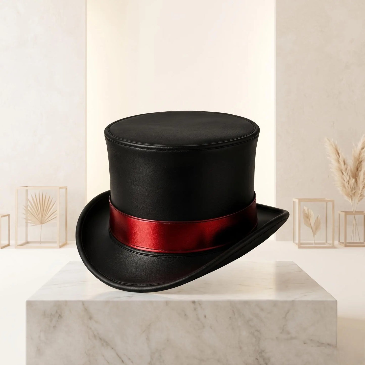 Gothic Steampunk Black Leather Top Hat with Crimson Band