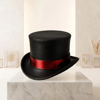 Gothic Steampunk Black Leather Top Hat with Crimson Band