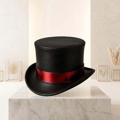 Gothic Steampunk Black Leather Top Hat with Crimson Band