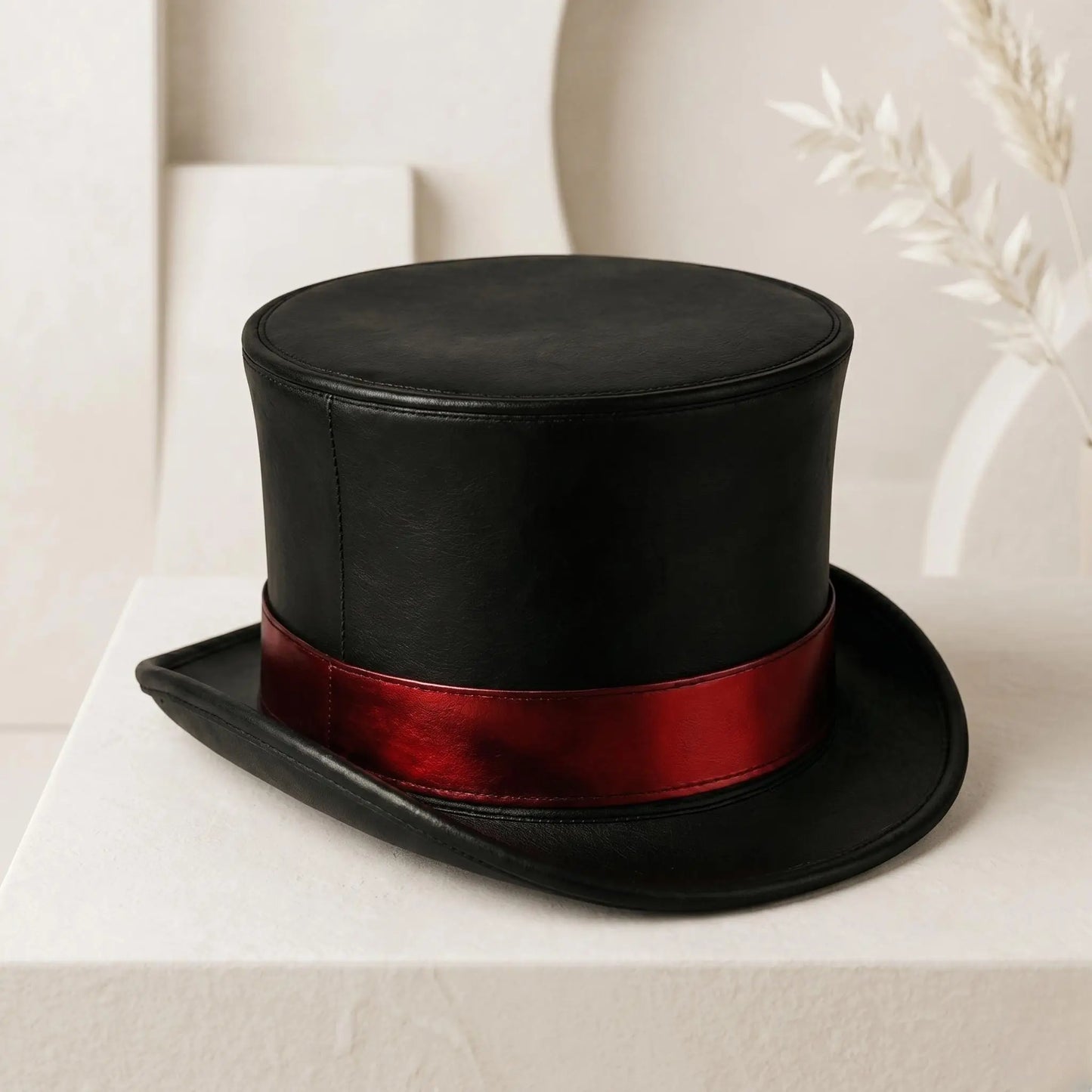 Gothic Steampunk Black Leather Top Hat with Crimson Band