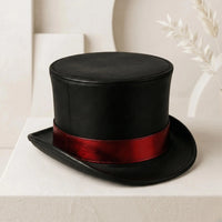 Gothic Steampunk Black Leather Top Hat with Crimson Band