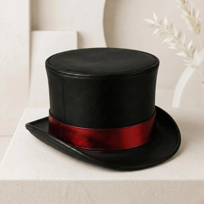 Gothic Steampunk Black Leather Top Hat with Crimson Band