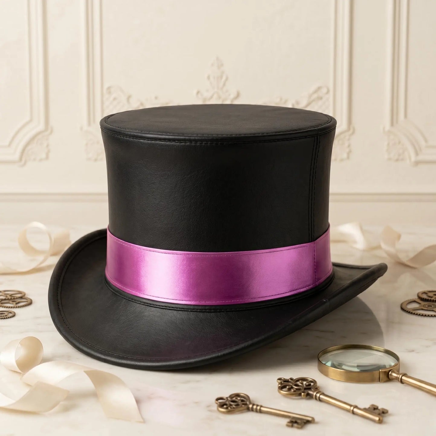 Black Leather Top Hat with Pink Satin Band – Steampunk Gothic Cosplay Festival Headwear