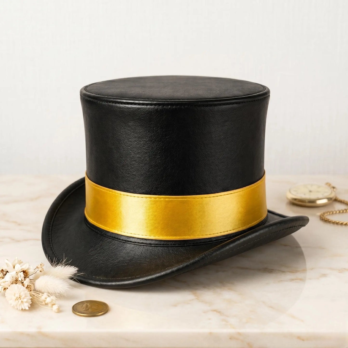 The Zenith Steampunk Black Leather Top Hat with Gold Band