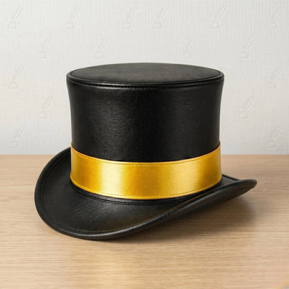 The Zenith Steampunk Black Leather Top Hat with Gold Band