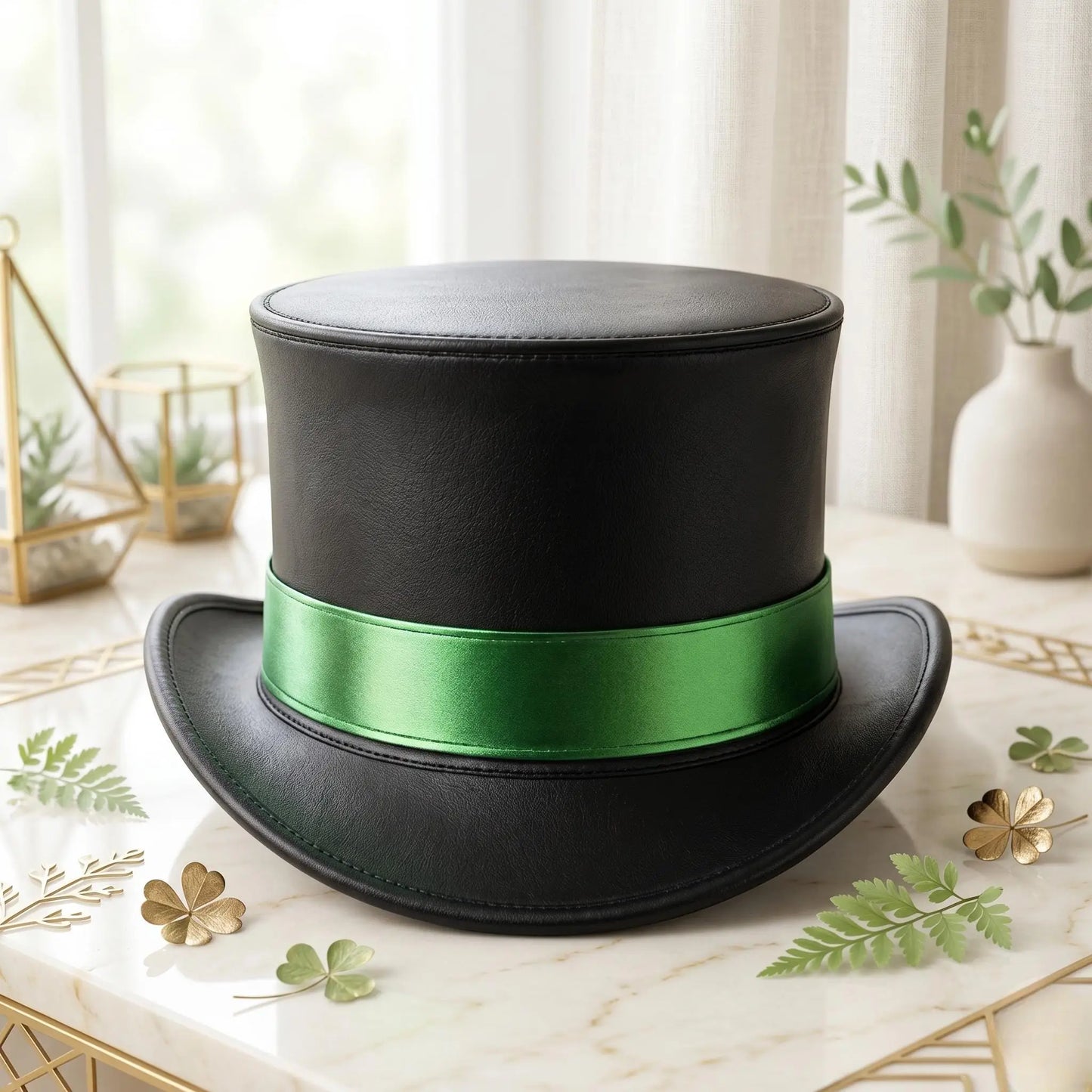 Black Leather Top Hat with Vibrant Green Ribbon Bank Festival Fashion Accessory