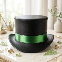 Black Leather Top Hat with Vibrant Green Ribbon Bank Festival Fashion Accessory