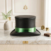 Black Leather Top Hat with Vibrant Green Ribbon Bank Festival Fashion Accessory