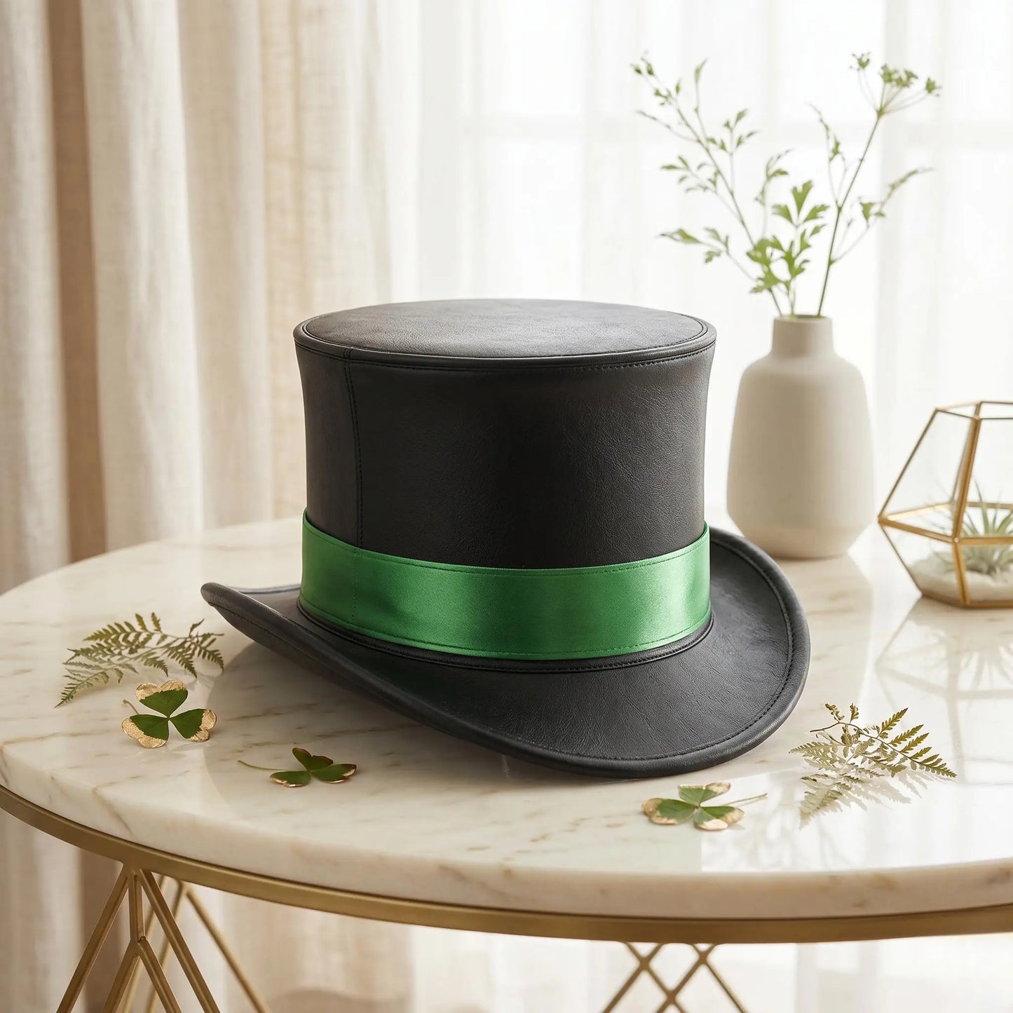 Black Leather Top Hat with Vibrant Green Ribbon Bank Festival Fashion Accessory