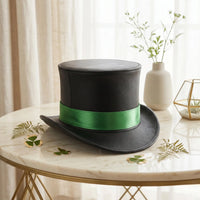 Black Leather Top Hat with Vibrant Green Ribbon Bank Festival Fashion Accessory