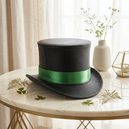 Black Leather Top Hat with Vibrant Green Ribbon Bank Festival Fashion Accessory