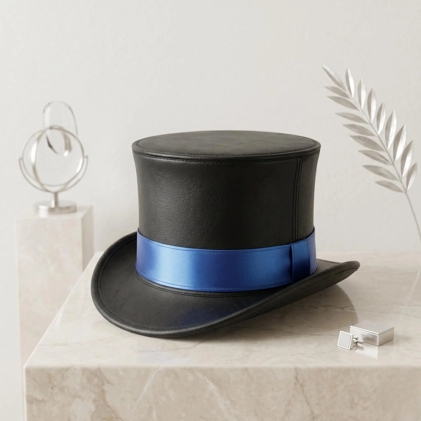 Command the Room Black Leather Top Hat with Metallic Blue Band