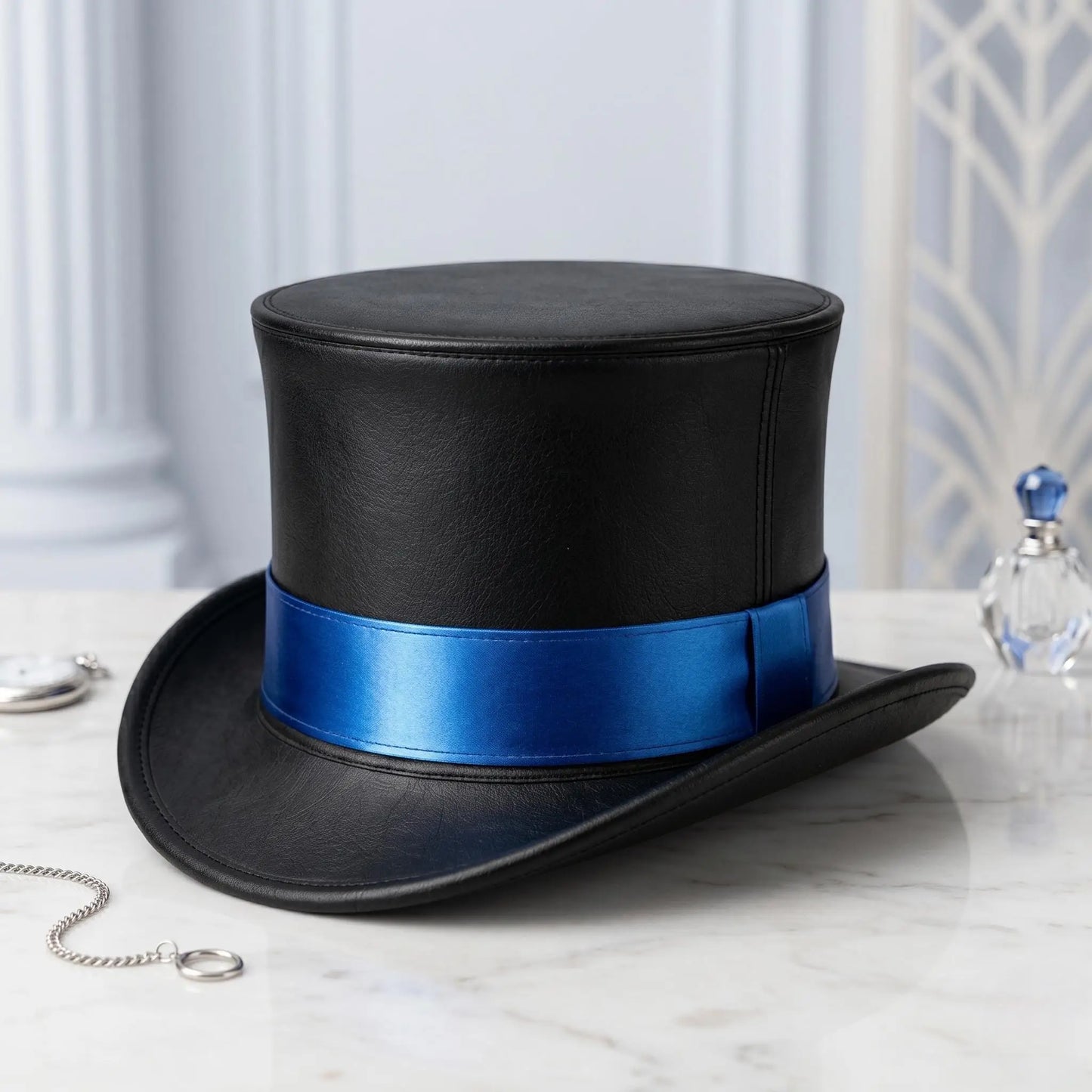Command the Room Black Leather Top Hat with Metallic Blue Band