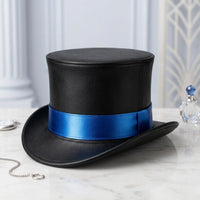 Command the Room Black Leather Top Hat with Metallic Blue Band