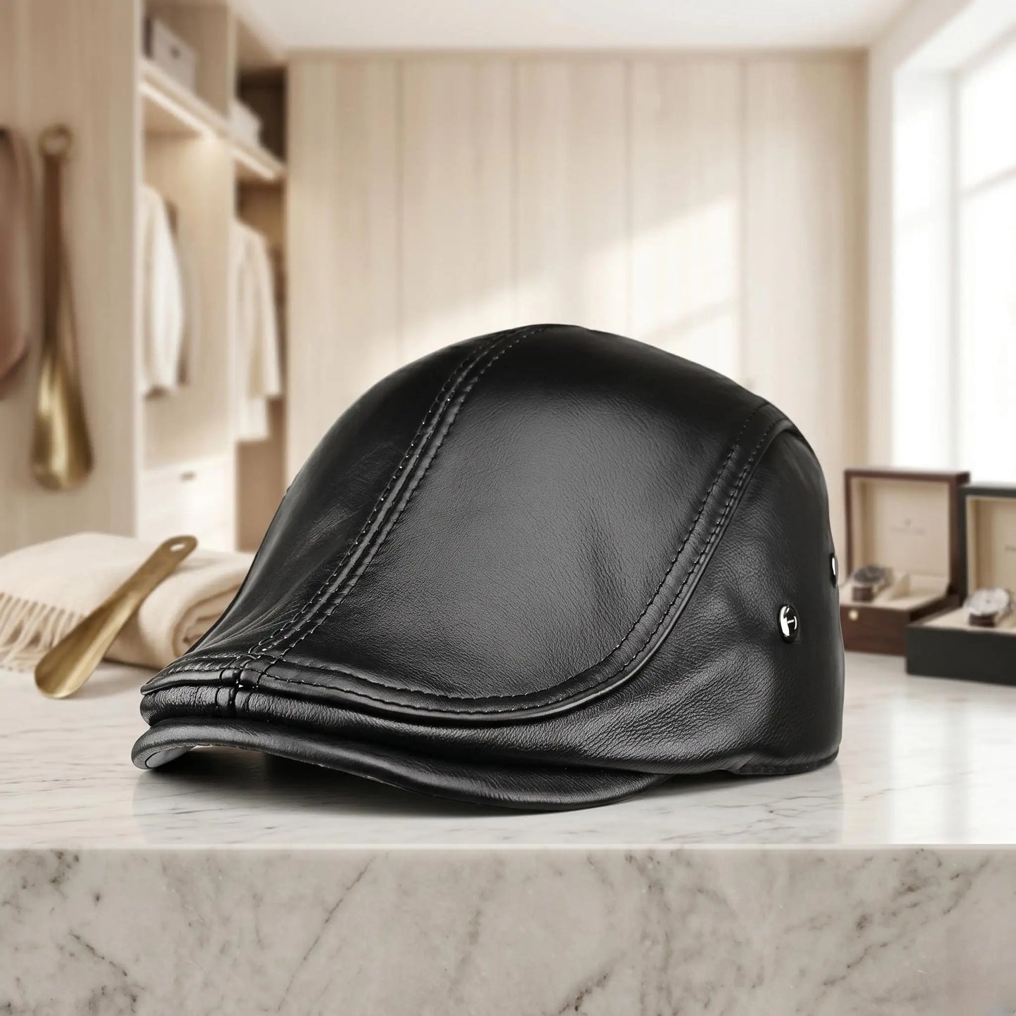 Men's Black Leather Flat Cap – Handmade Vintage Ivy Newsboy Driving Hat