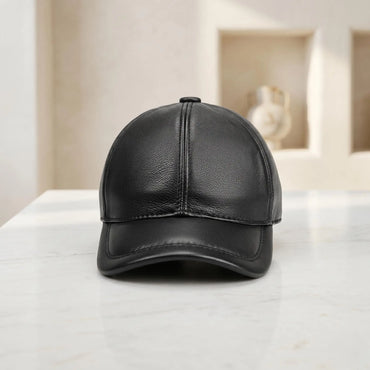 Genuine Black Leather Baseball Cap – Minimalist Unisex Dad Hat