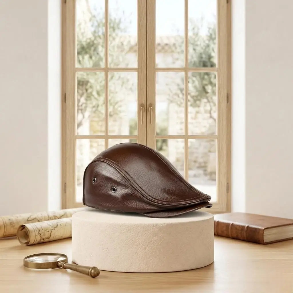 Classic Brown Leather Flat Cap – Handmade Genuine Leather Ivy Newsboy Hat