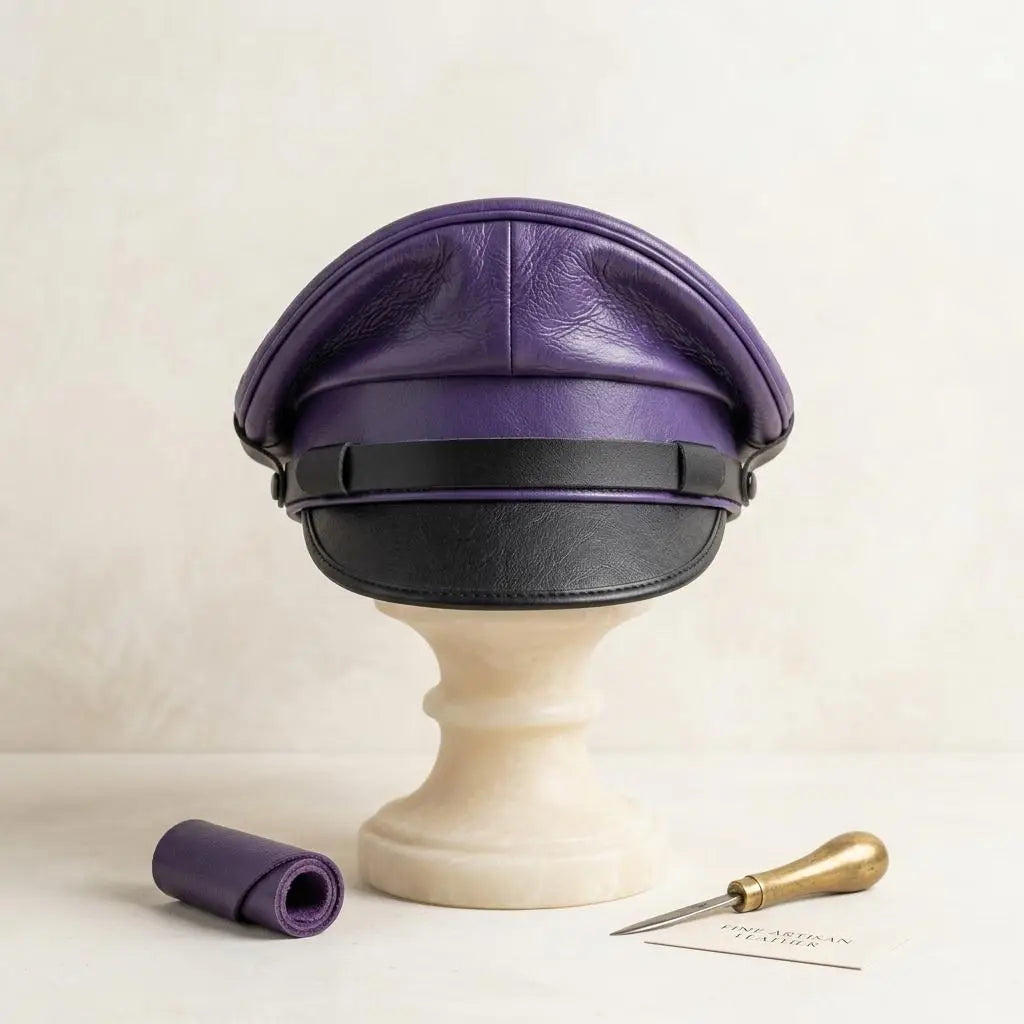 Handmade Leather Captain Cap – Purple Black Military Style Hat