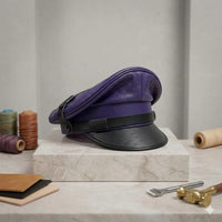 Handmade Leather Captain Cap – Purple Black Military Style Hat
