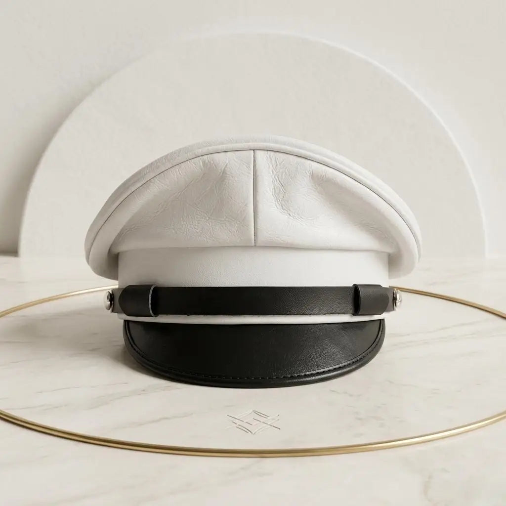 Luxury Handmade White & Black Leather Captain Cap