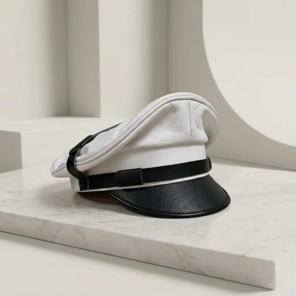 Luxury Handmade White & Black Leather Captain Cap