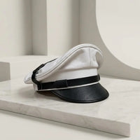 Luxury Handmade White & Black Leather Captain Cap